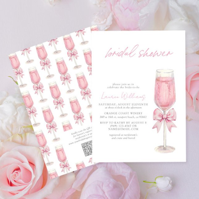 QR Code Blush Pink Bow Champagne Bridal Shower Inbjudningar (Skapare uppladdad)