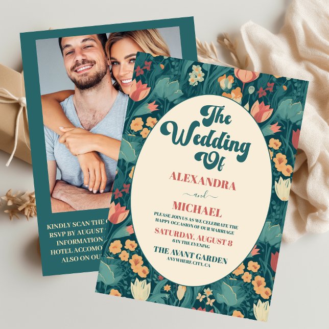 QR Code Boho Chic Retro Colorful Blommigt Bröllop Inbjudningar (Skapare uppladdad)