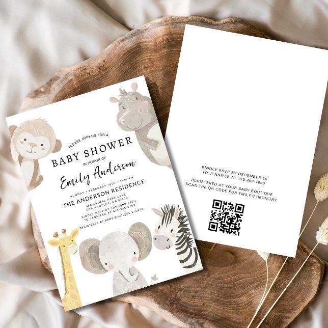 QR Code Boys Safari Animals Baby Shower Inbjudningar (Skapare uppladdad)