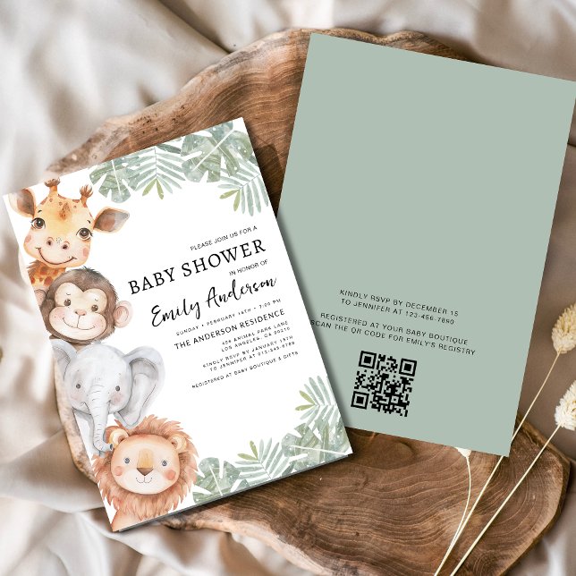 QR Code Boys Safari Animals Baby Shower Inbjudningar (Skapare uppladdad)