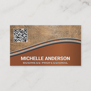 QR Code Brown Leather Metallisk Affärskort Visitkort