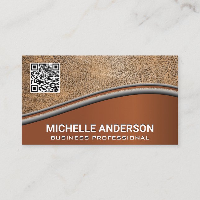 QR Code Brown Leather | Metallisk Affärskort Visitkort (Framsida)