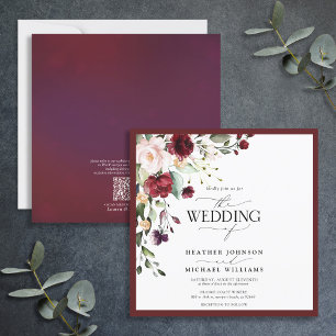 QR Code Burgundy Blommigt Watercolor-skript Inbjudningar