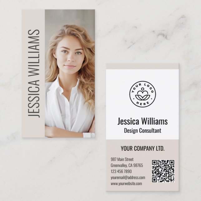 QR Code Business Logo Modern Professional Beige Visitkort (Fram/baksida)