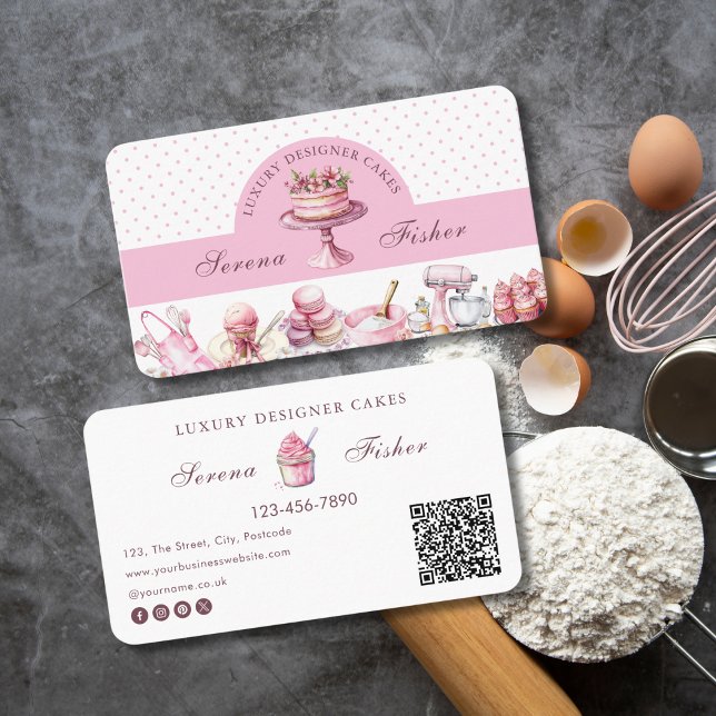 QR Code Cake Baker Polka Dot Chic Rosa Business Visitkort (Skapare uppladdad)