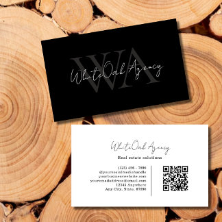 QR Code Calligraphy Script Black White Monogram Visitkort