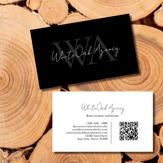 QR Code Calligraphy Script Black White Monogram Visitkort (Skapare uppladdad)