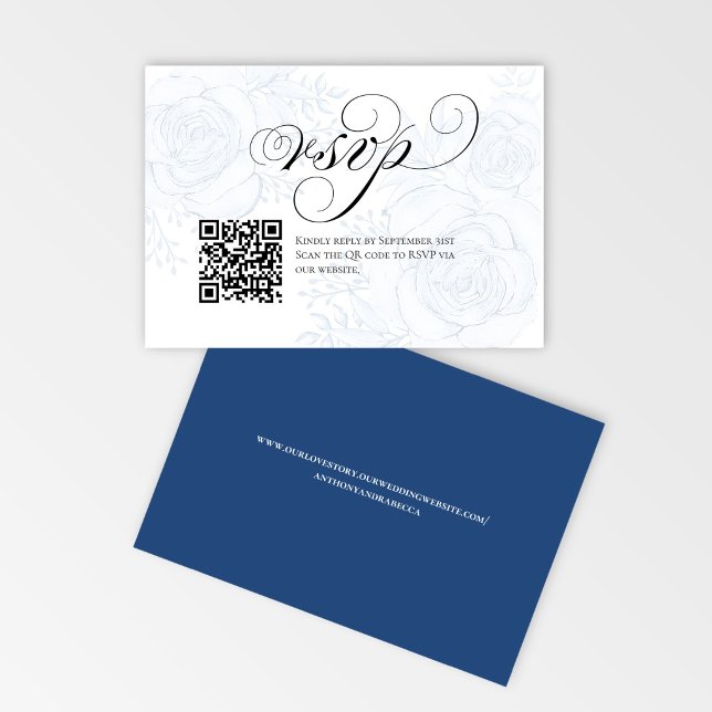 QR Code Calligraphy Wedding RSVP Response Card OSA Kort (Elegant blue floral RSVP card with QR code for easy online wedding response)