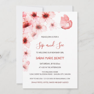 QR Code Cherry Blommars Watercolor Baby Shower Inbjudningar