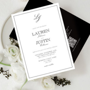 QR Code Classic Black & White Monogram Bröllop Inbjudningar