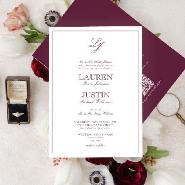 QR Code Classic Burgundy Script Monogram Bröllop Inbjudningar (Skapare uppladdad)
