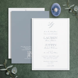 QR Code Classic Dusty Blue Script Monogram Bröllop Inbjudningar