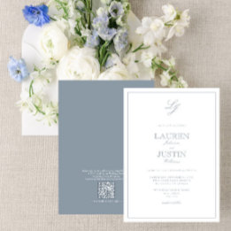 QR Code Classic Dusty Blue Script Monogram Bröllop Inbjudningar