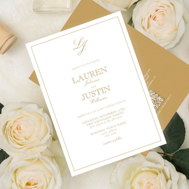 QR Code Classic Guld-skript, Monogram Bröllop Inbjudningar (Skapare uppladdad)