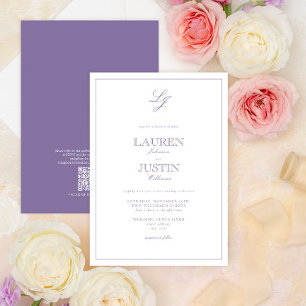 QR Code Classic Lavender Script Monogram Bröllop Inbjudningar