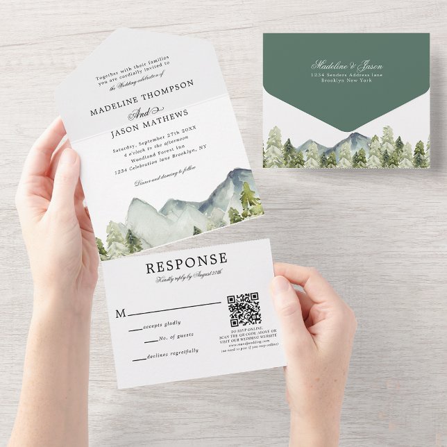 Qr Code Classic Mountain Forest Watercolor Bröllop (Skapare uppladdad)