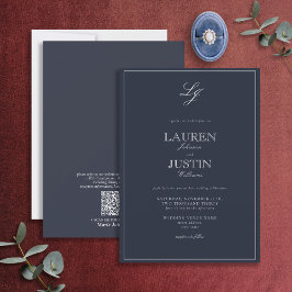 QR Code Classic Navy Blue Script Monogram Bröllop Inbjudningar