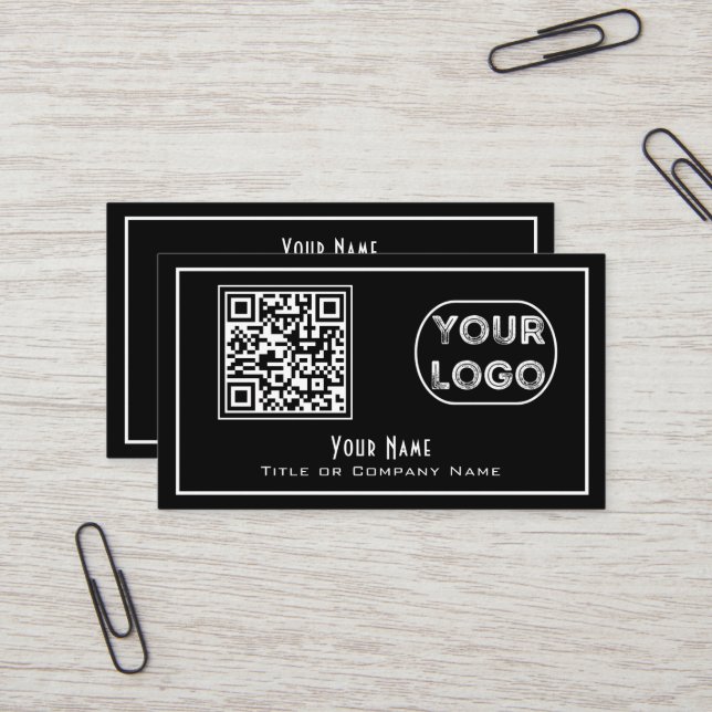 QR Code Company Logotyp Black Minimalist Visitkort (Fram/Back In Situ)