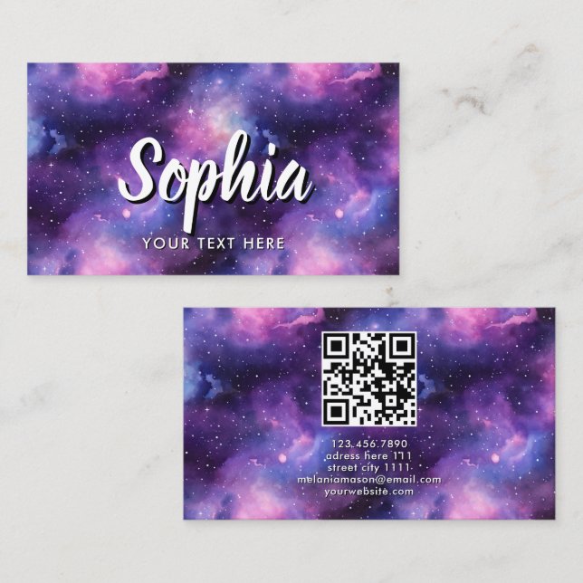 QR Code Cosmic Galaxy Stars Purple Nebula Visitkort (Fram/baksida)