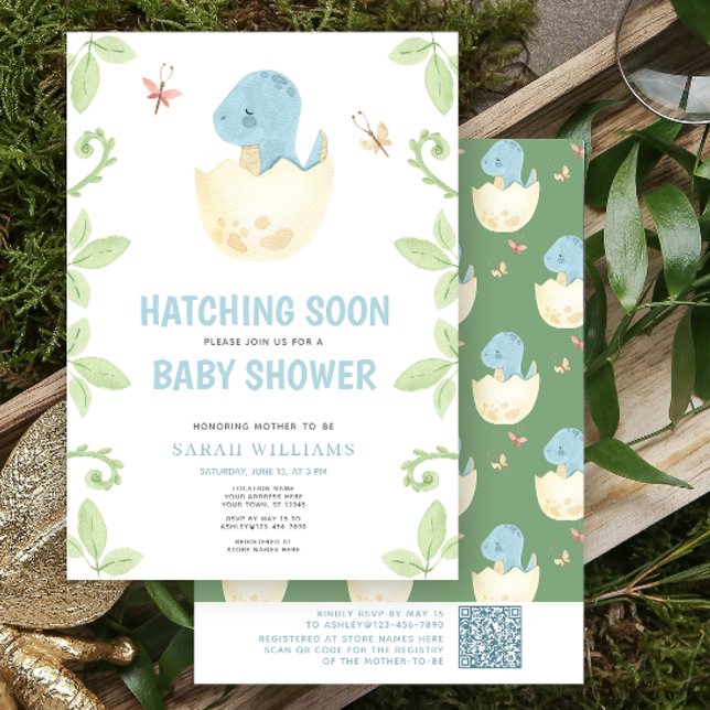 QR Code Cute Dinosaur Hatching Soon Baby Shower Inbjudningar (Get ready for a Jurassic celebration with our adorable dinosaur baby shower invitations! 🦕)