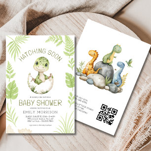 QR Code Cute Dinosaur Hatching Soon Baby Shower Inbjudningar