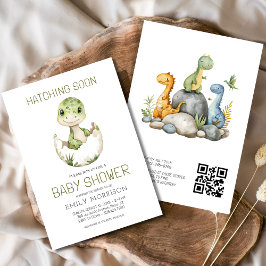 QR Code Cute Dinosaur Hatching Soon Baby Shower Inbjudningar