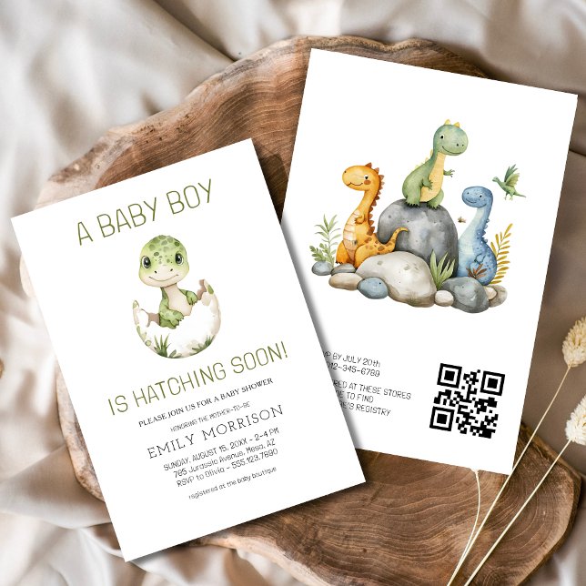 QR Code Cute Dinosaur Hatching Soon Baby Shower Inbjudningar (Skapare uppladdad)