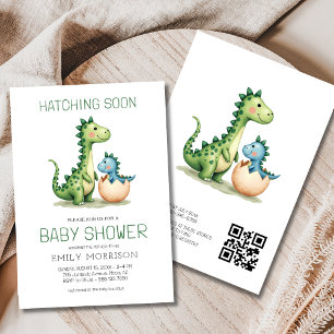 QR Code Cute Dinosaur Hatching Soon Baby Shower Inbjudningar