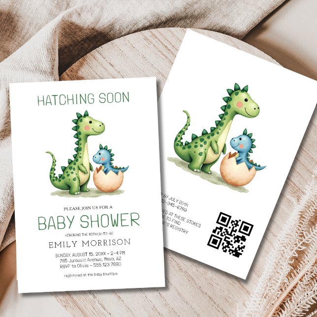 QR Code Cute Dinosaur Hatching Soon Baby Shower Inbjudningar (Skapare uppladdad)