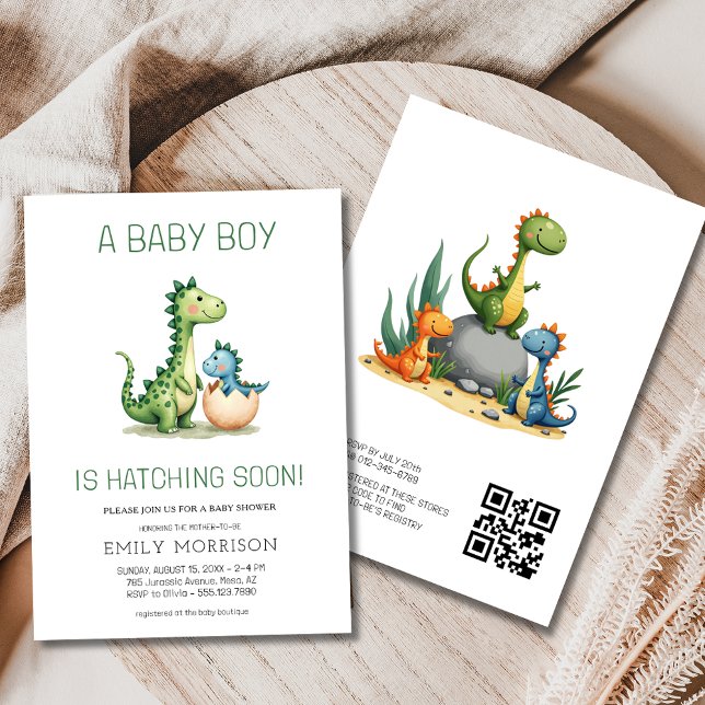 QR Code Cute Dinosaur Hatching Soon Baby Shower Inbjudningar (Skapare uppladdad)
