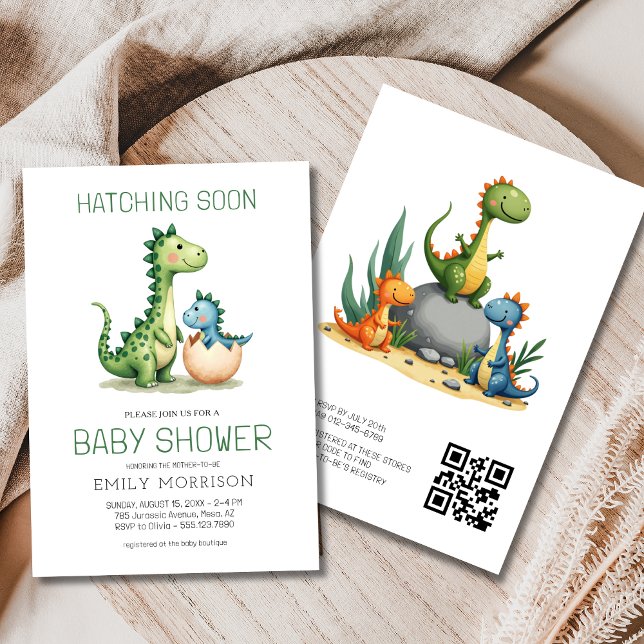 QR Code Cute Dinosaur Hatching Soon Baby Shower Inbjudningar (Skapare uppladdad)