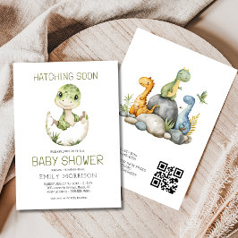 QR Code Cute Dinosaur Hatching Soon Baby Shower Inbjudningar