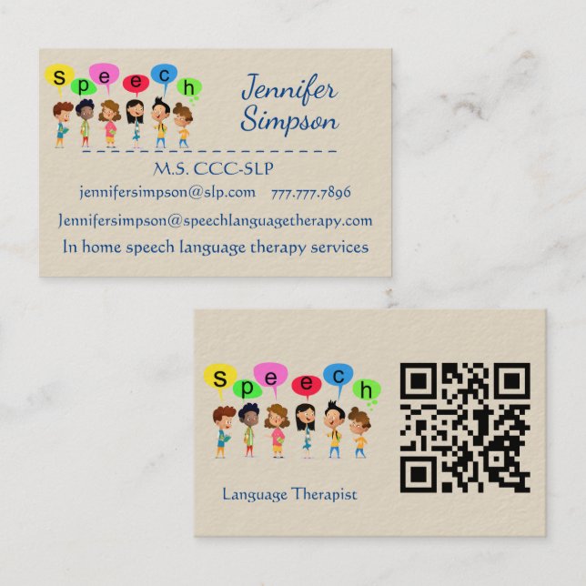 QR Code Cute Kids Cartoon Holding Speech Words Visitkort (Fram/baksida)