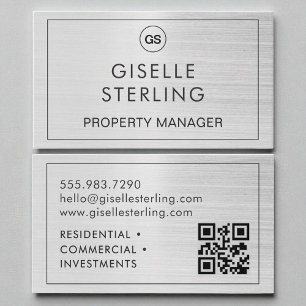 QR Code Egendom Manager Brushed Silver Monogram Visitkort