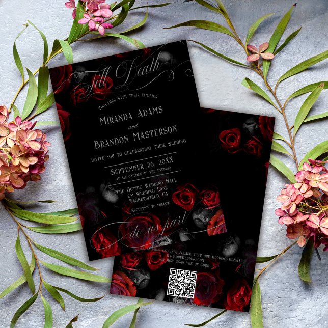 QR Code Elegant Black and Red Floral Wedding Inbjudningar (Skapare uppladdad)