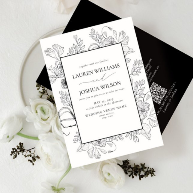 QR Code Elegant Black White Blommigt Line Art Inbjudningar (Skapare uppladdad)