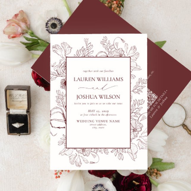 QR Code Elegant Burgundy Blommigt Line Art Bröllop Inbjudningar (Skapare uppladdad)