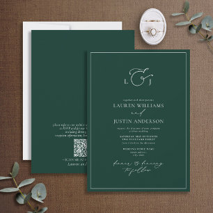 QR Code Elegant Emerald Grönt Calligraphy Monogram Inbjudningar