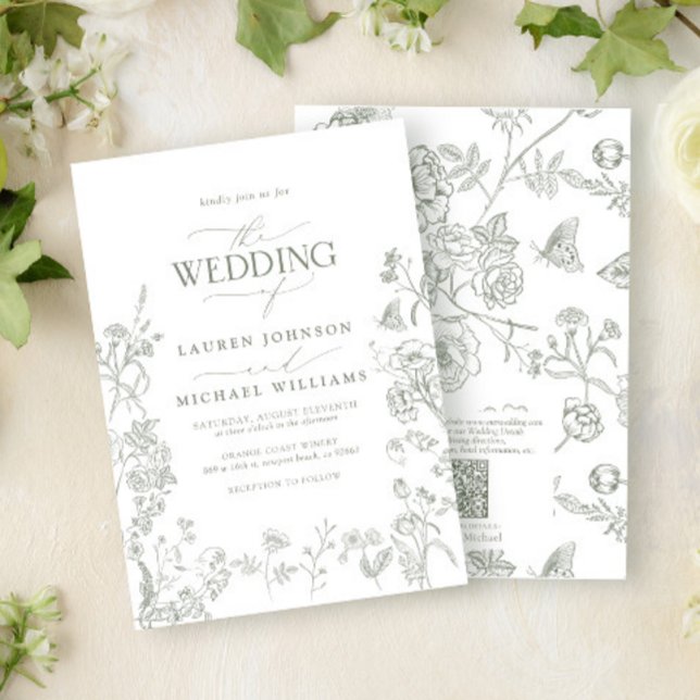 QR Code Elegant Grönt Chinoiserie Blommigt Bröllop Inbjudningar (Skapare uppladdad)