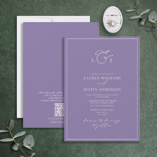 QR Code Elegant Lavender Calligraphy Monogram Inbjudningar