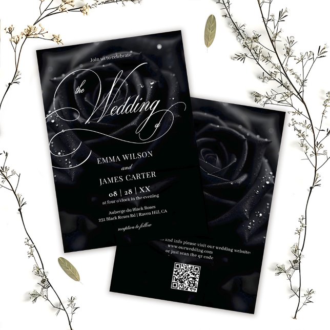 QR Code Elegant Midnight Rose Calligraphy Wedding Inbjudningar (Skapare uppladdad)