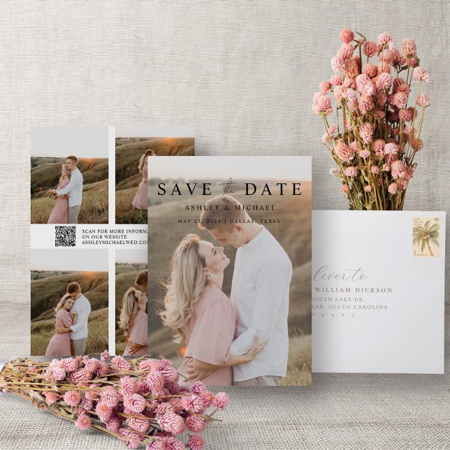 QR Code Elegant - minimalistskript 5 Photo Bröllop Spara Datumet (Save the Date!)