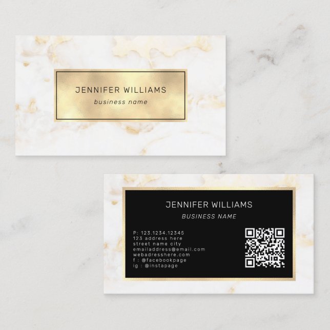 QR Code Elegant Modern Guld White Marble Visitkort (Fram/baksida)