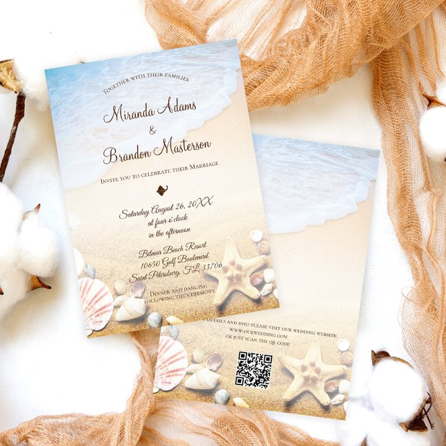 QR Code Elegant Modern Starfish Beach Wedding Inbjudningar (Skapare uppladdad)
