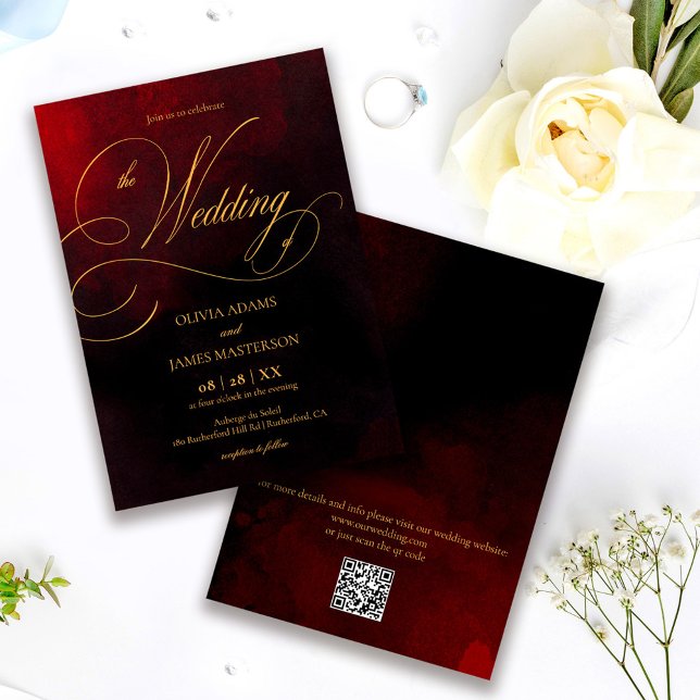 QR Code Elegant Red Black Gold Calligraphy Wedding Inbjudningar (Skapare uppladdad)