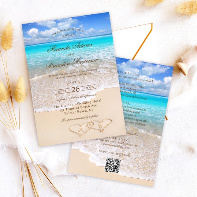 QR Code Elegant Tropical Beach Wedding All in One Inbjudningar (Skapare uppladdad)