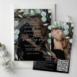 QR CODE eucalyptus-fotoöverlägg svart bröllop Inbjudningar