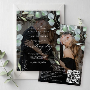 QR CODE eucalyptus-fotoöverlägg svart bröllop Inbjudningar