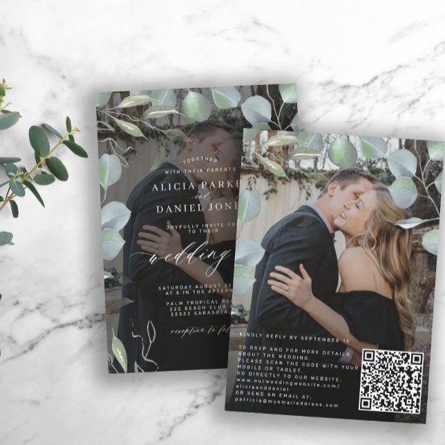 QR CODE eucalyptus-fotoöverlägg svart bröllop Inbjudningar (Skapare uppladdad)