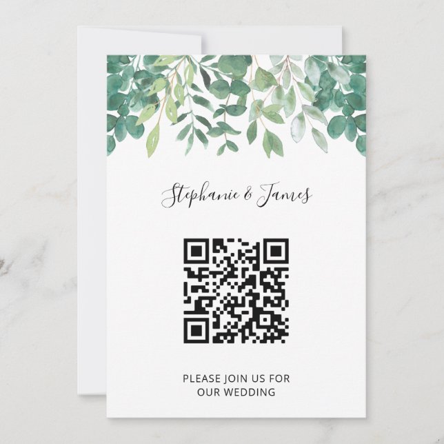 QR Code Eucalyptus Greenery Wedding bjudande Inbjudningar (Framsida)